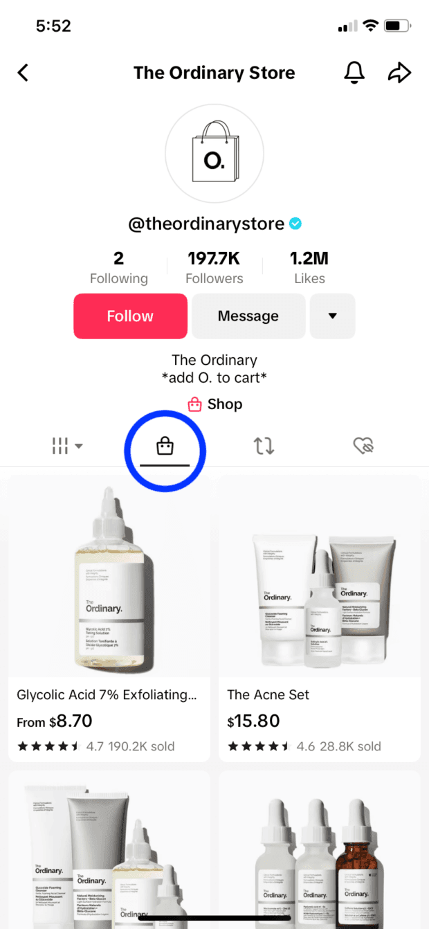 The Ordinary Store's TikTok profile, showing the shopping bag icon that indicates the Shop tab